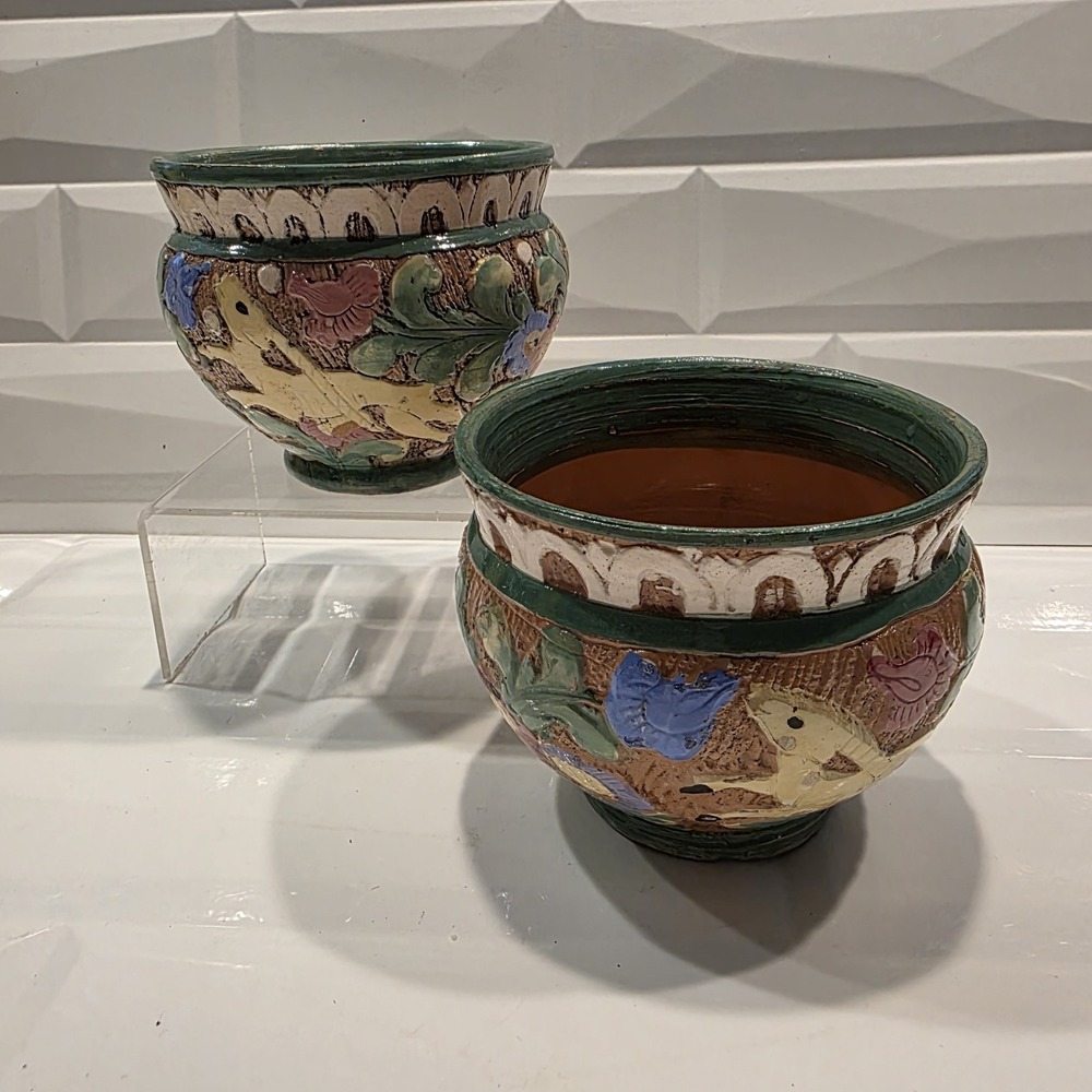 2-Vintage Italian Terracotta Pottery Majolica Crocks/Planters‎